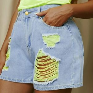 Women's Lime Distressed Denim Shorts